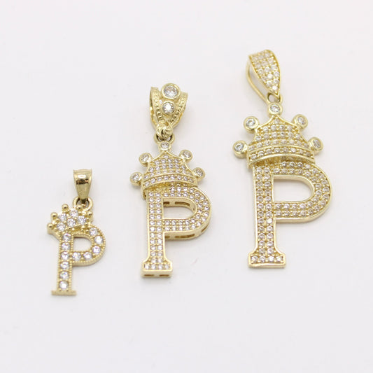 14K Crown Initial Name ( P ) Cz Stones Yellow Gold