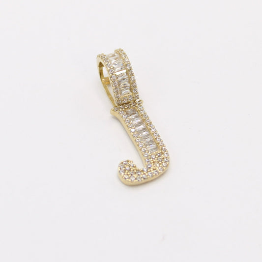 14K Initial Name ( J ) Baguette / Cz Stones Yellow Gold
