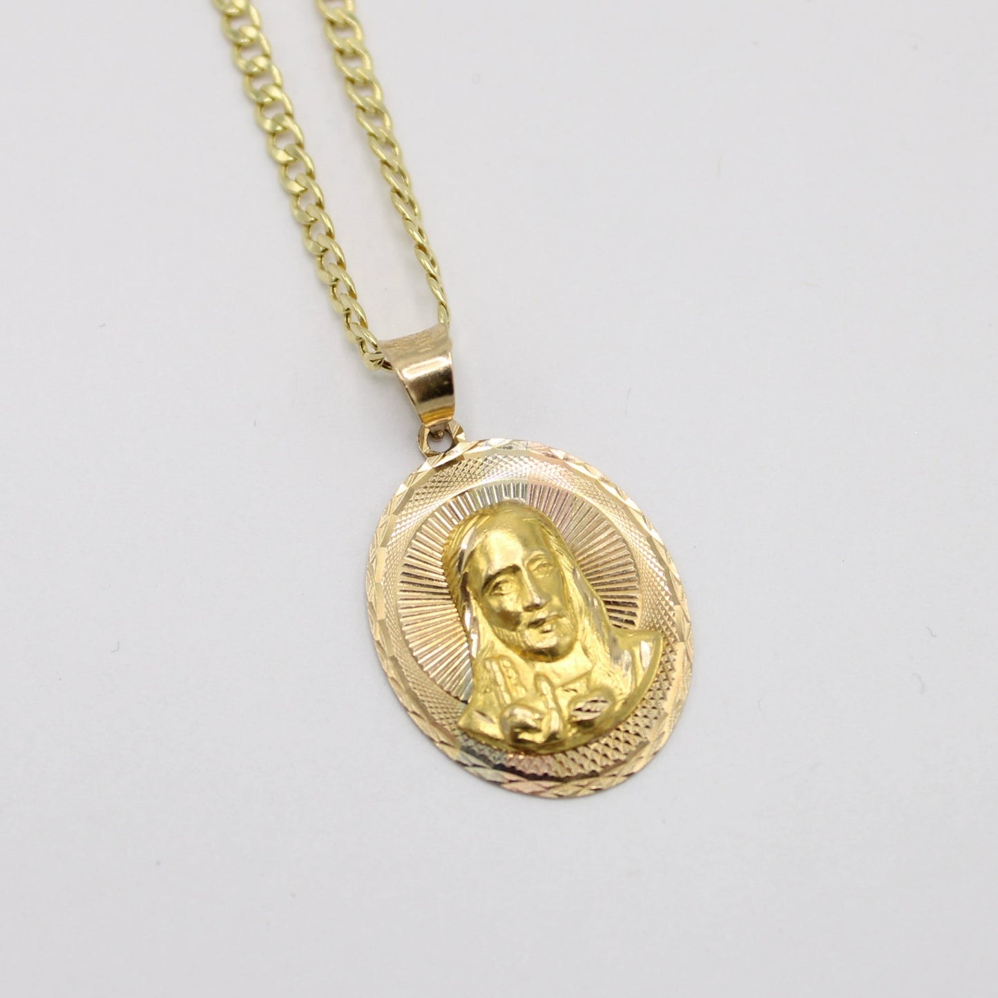 14k Jesus Face Pendant Two Tones With Semi-Solid Cuban Chain Yellow Gold