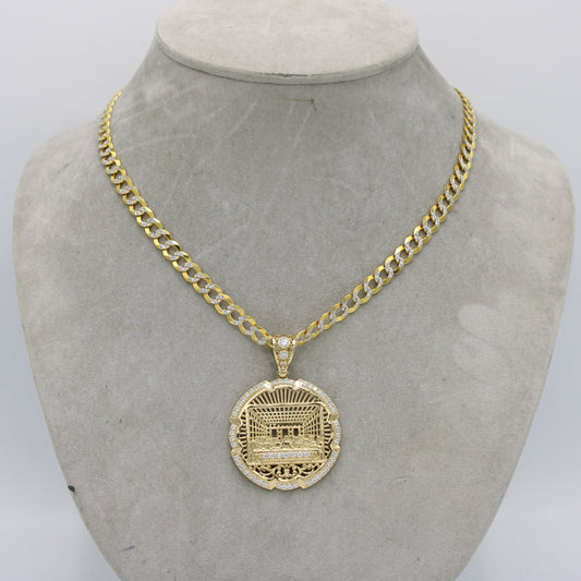 14K Last Supper Pendant Cz Stones With Solid Cuban Chain Two Tones Yellow Gold