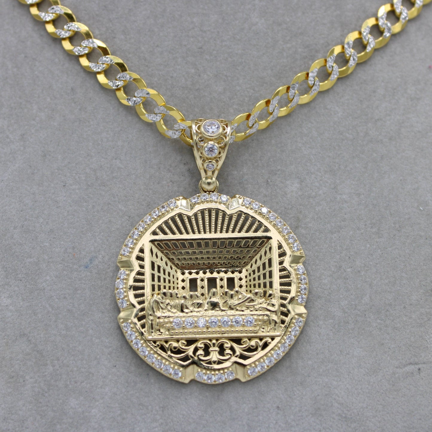 14K Last Supper Pendant Cz Stones With Solid Cuban Chain Two Tones Yellow Gold