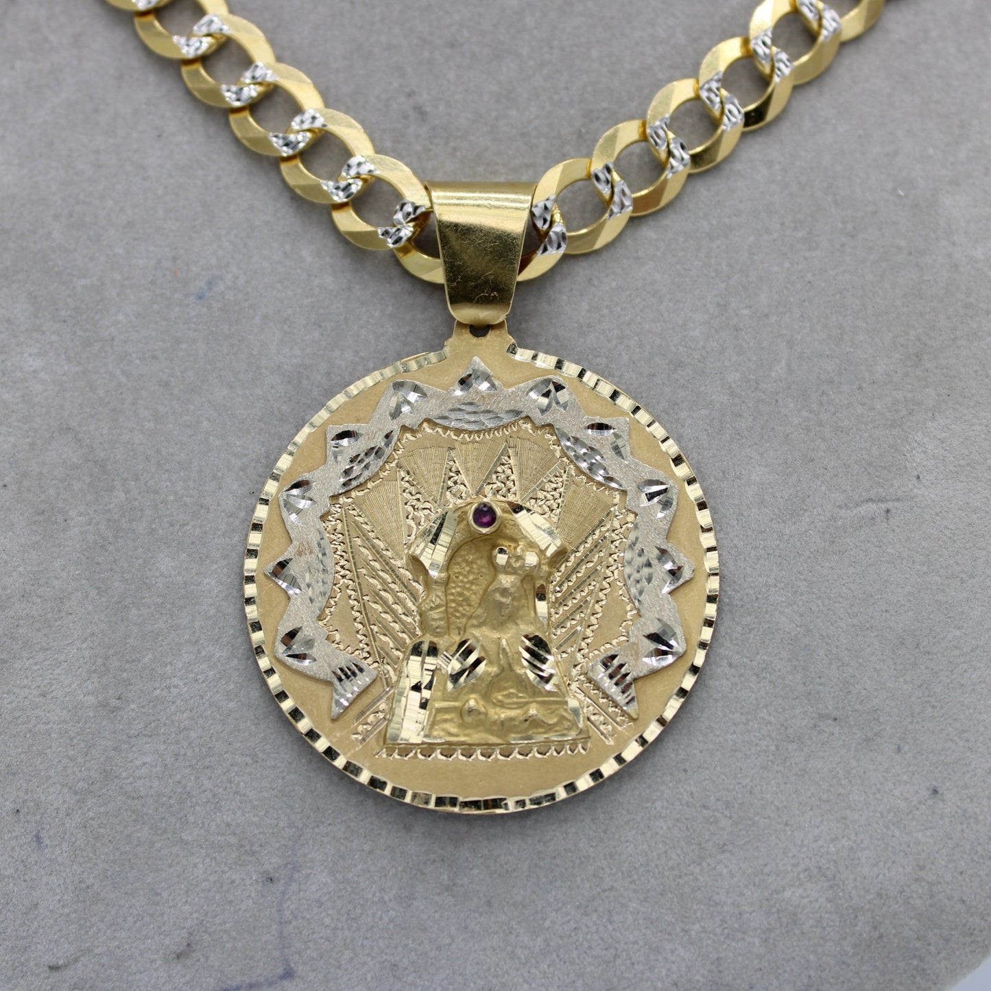 14K Virgen Maria Pendant (Red Stone) With Solid Cuban Chain Two Tones Yellow Gold