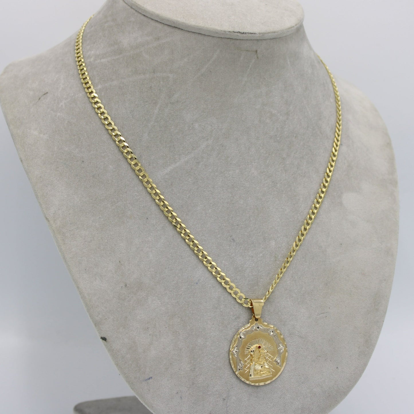 14K Virgen Maria Pendant (Red Stone) With Solid Cuban Chain Yellow Gold