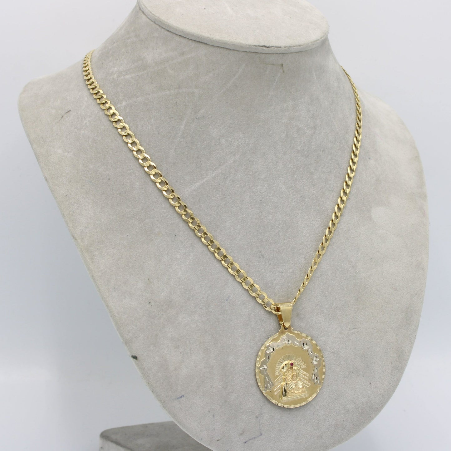 14K Virgen Maria Pendant (Red Stone) With Solid Cuban Chain Yellow Gold