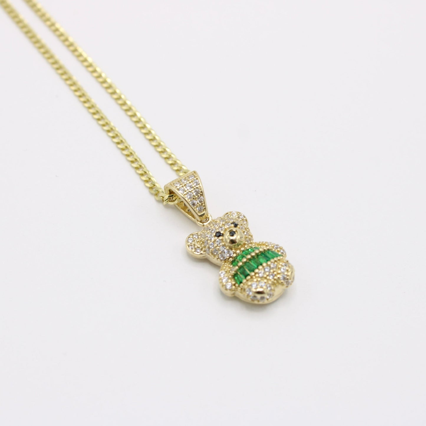 New 14K Teddy Bear Pendant Cz Stones with Solid Flat Cuban Chain Yellow Gold