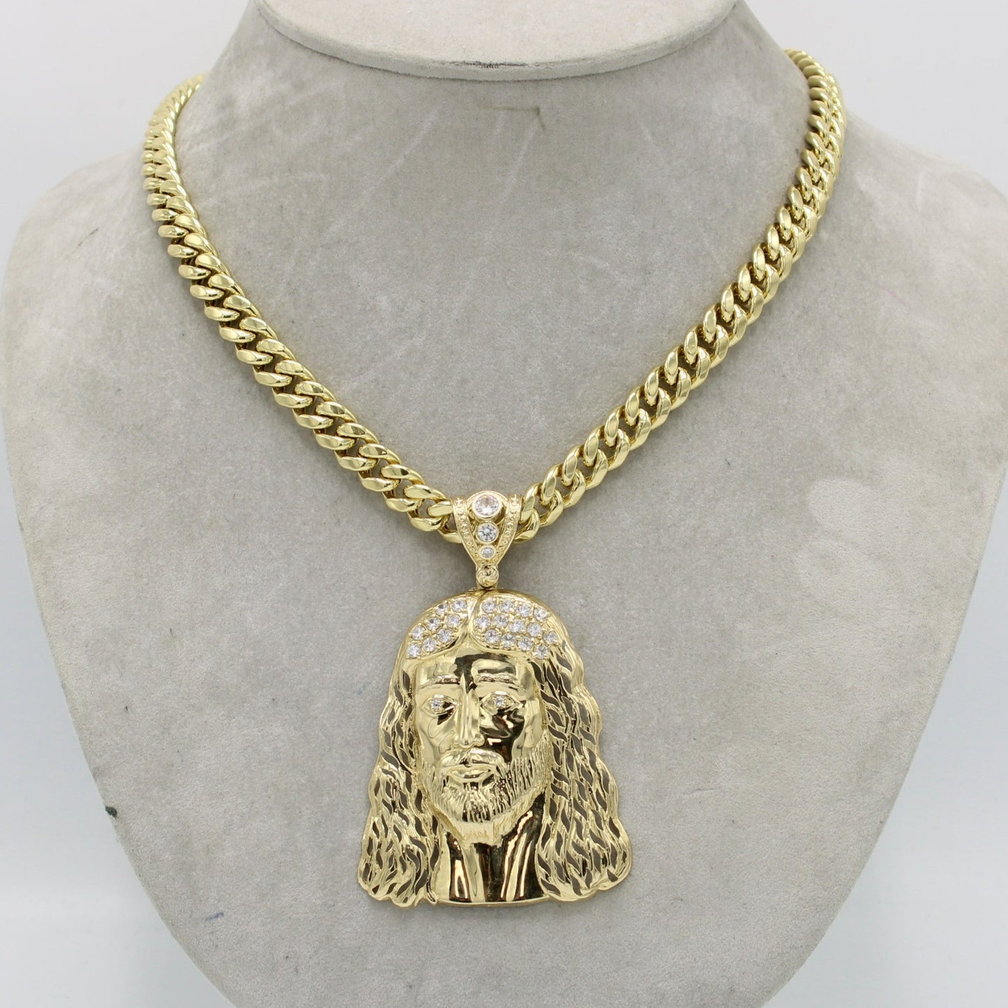 14K Jesus Face Pendant  with Miami Cuban Link Chain Yellow Gold