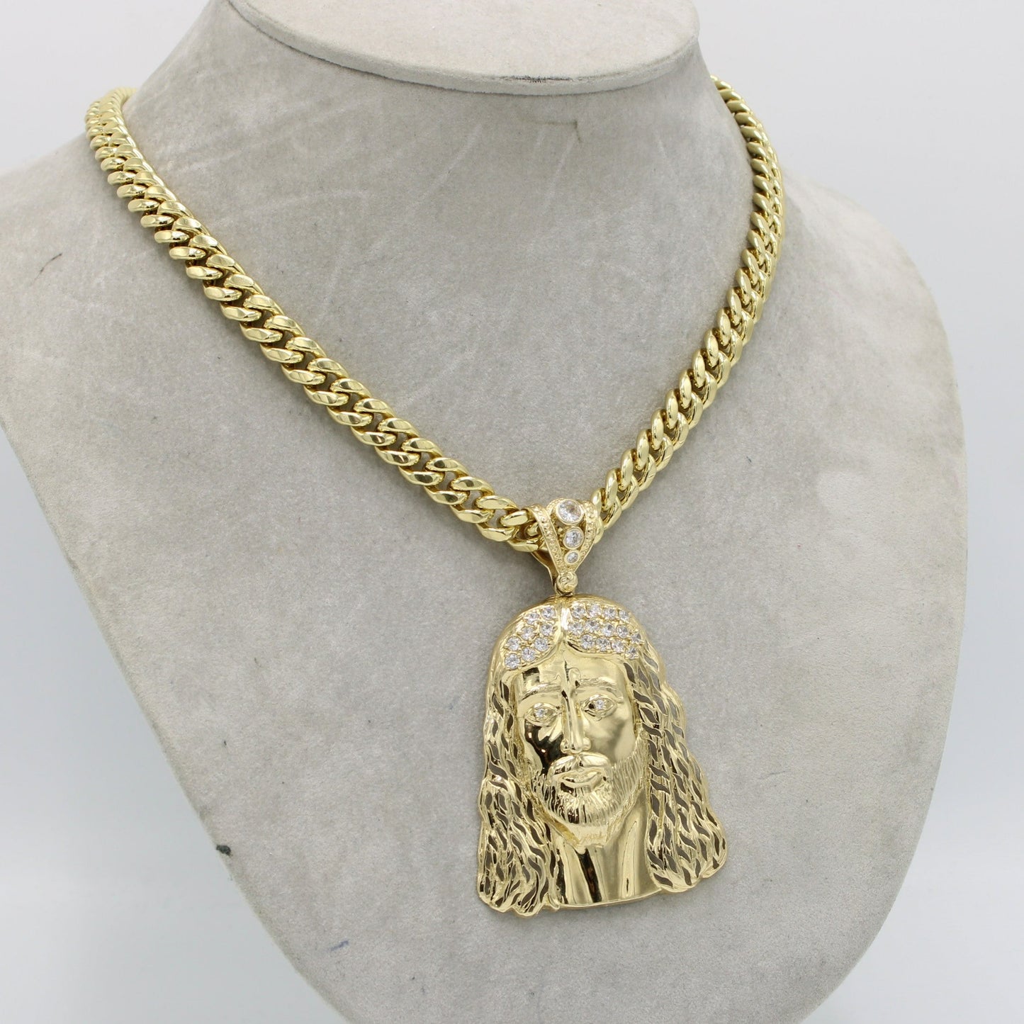 14K Jesus Face Pendant  with Miami Cuban Link Chain Yellow Gold