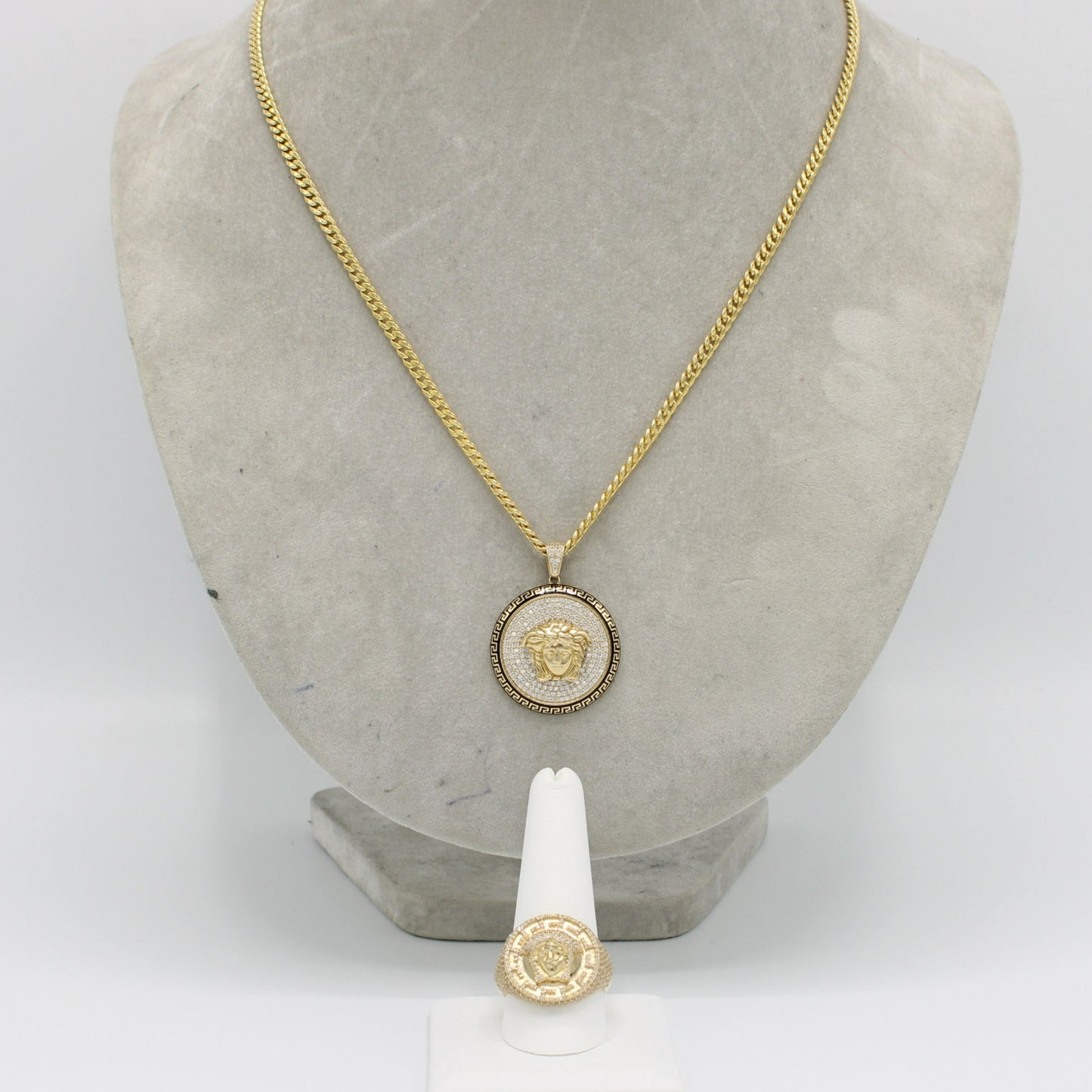 14K Set Medusa Ring / Pendant Cz Stones With Miami Cuban Chain Yellow Gold