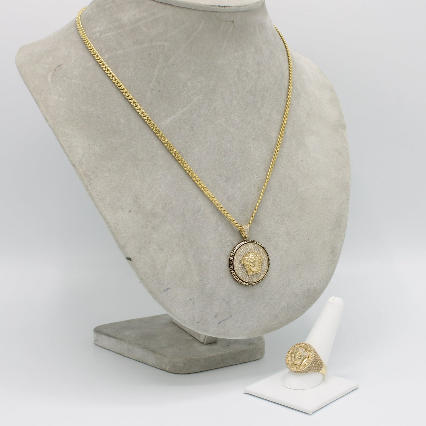 14K Set Medusa Ring / Pendant Cz Stones With Miami Cuban Chain Yellow Gold