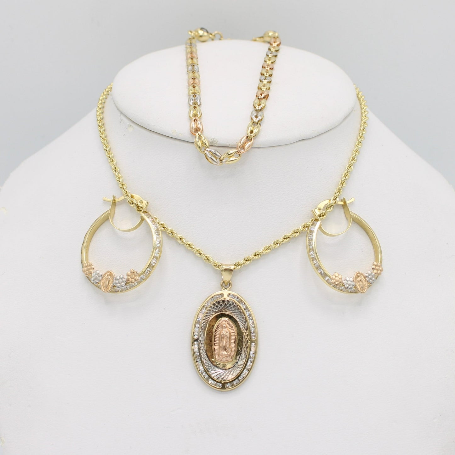 14K Set Virgen Guadalupe Pendant /Hoops / Bracelet with Rope Chain Yellow Gold (Three Tones)