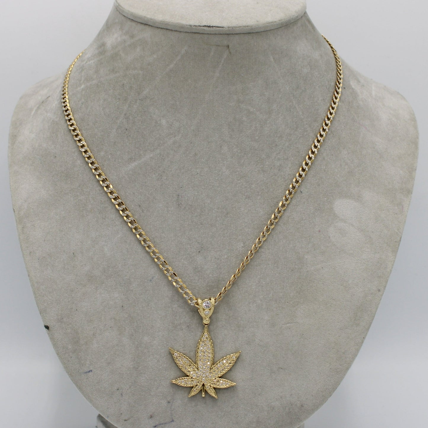 14K Weed Pendant Cz Stones With Semi-Solid Flat Cuban Chain Two Tones Yellow Gold