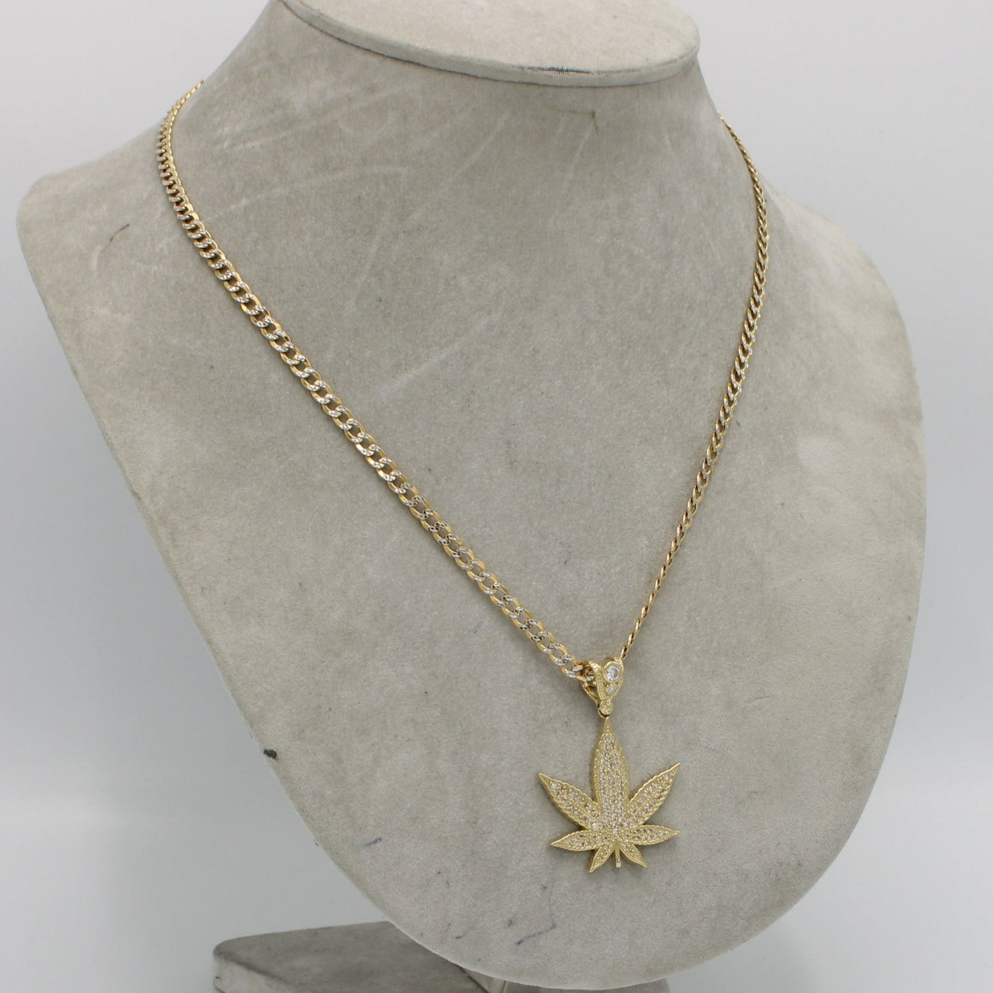 14K Weed Pendant Cz Stones With Semi-Solid Flat Cuban Chain Two Tones Yellow Gold