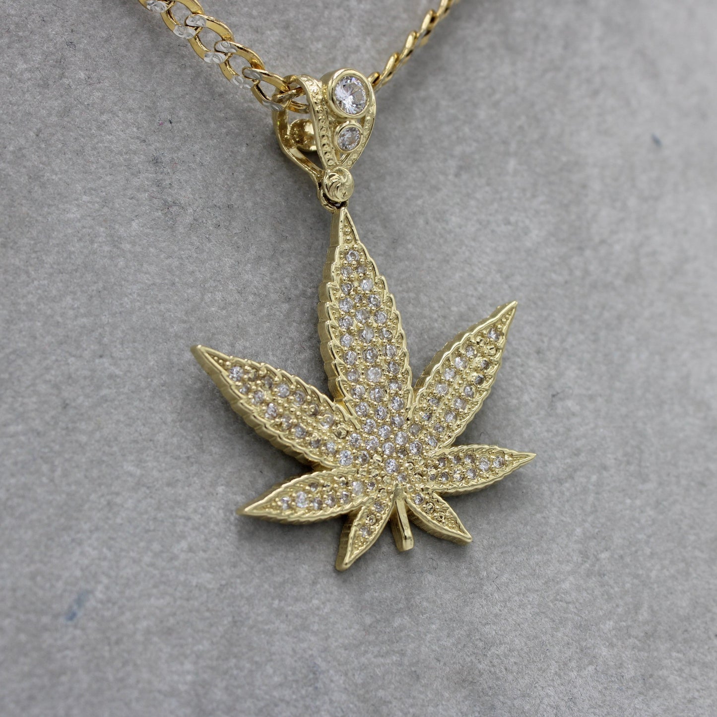 14K Weed Pendant Cz Stones With Semi-Solid Flat Cuban Chain Two Tones Yellow Gold