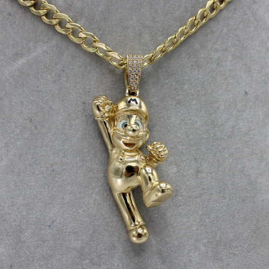 14K Super Mario Bros With Semi-Solid Flat Cuban Chain Two Tones Yellow Gold