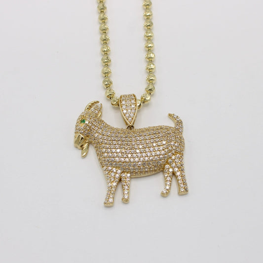 14K Goat Pendant Cz Stones With Solid Moon Cut Chain Yellow Gold