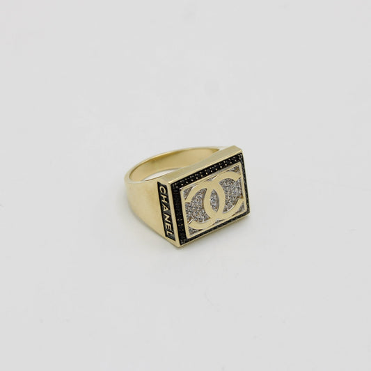 14K Square Men's Ring Cz Stones (Black Stone) Yellow Gold