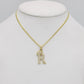 14K Crown Initial Name (R) Cz Stones With Solid Flat Cuban Chain Yellow Gold