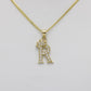 14K Crown Initial Name (R) Cz Stones With Solid Flat Cuban Chain Yellow Gold