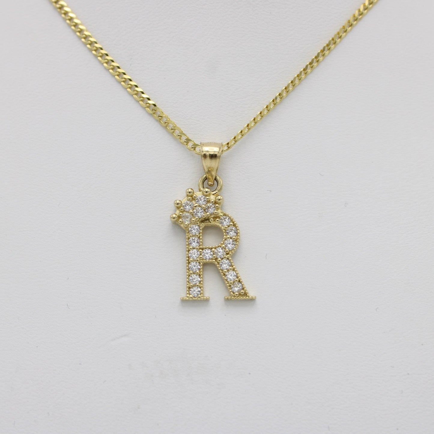 14K Crown Initial Name (R) Cz Stones With Solid Flat Cuban Chain Yellow Gold
