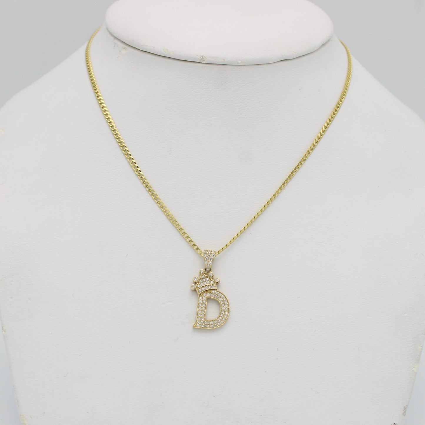 14K Crown Initial Name (D) Cz Stones With Solid Flat Cuban Chain Yellow Gold