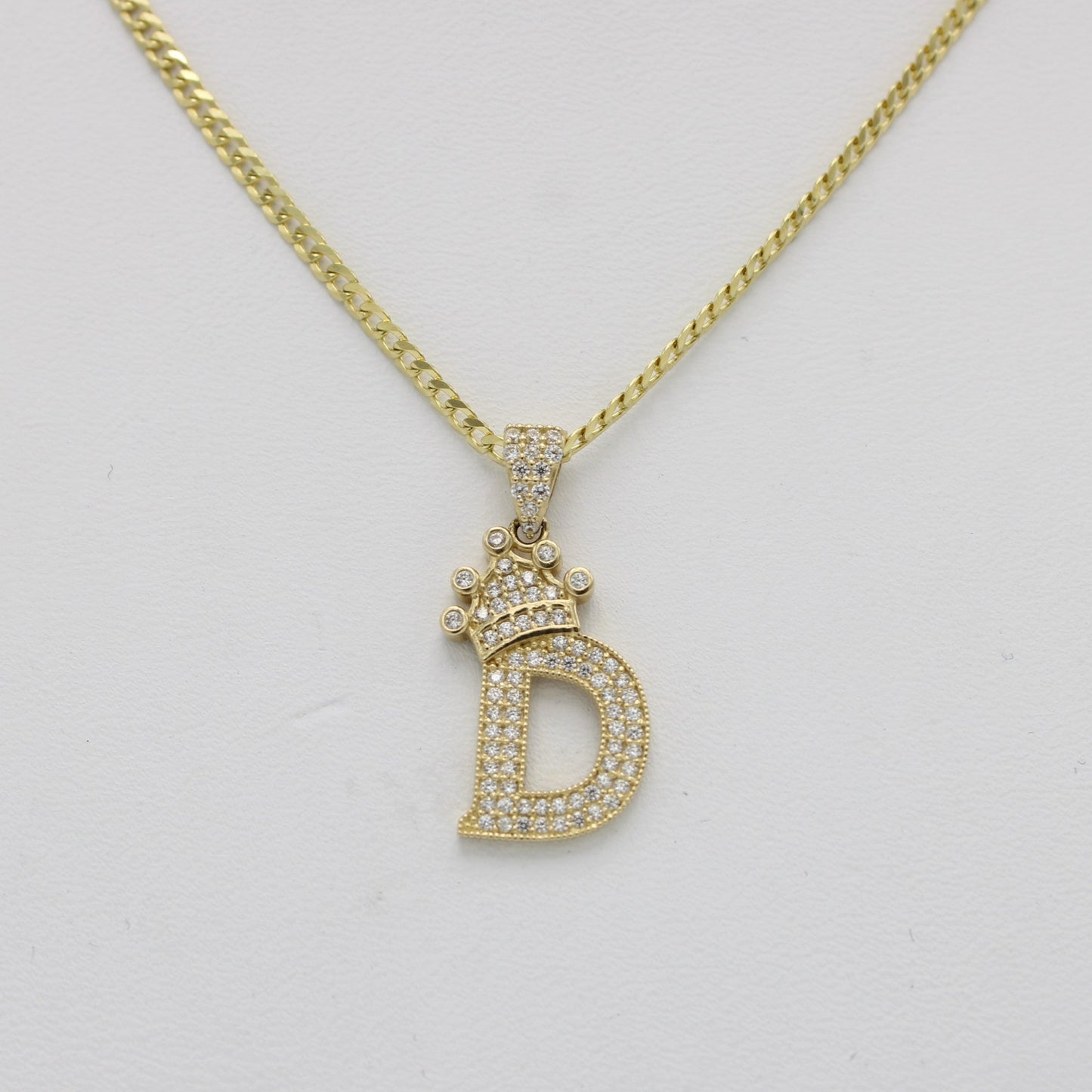 14K Crown Initial Name (D) Cz Stones With Solid Flat Cuban Chain Yellow Gold
