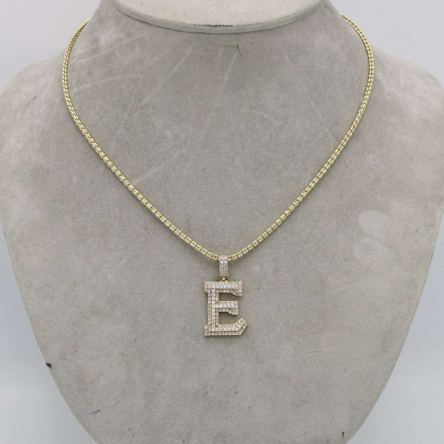 14K Initial Name (E) Cz Stones With Ice Chain Yellow Gold