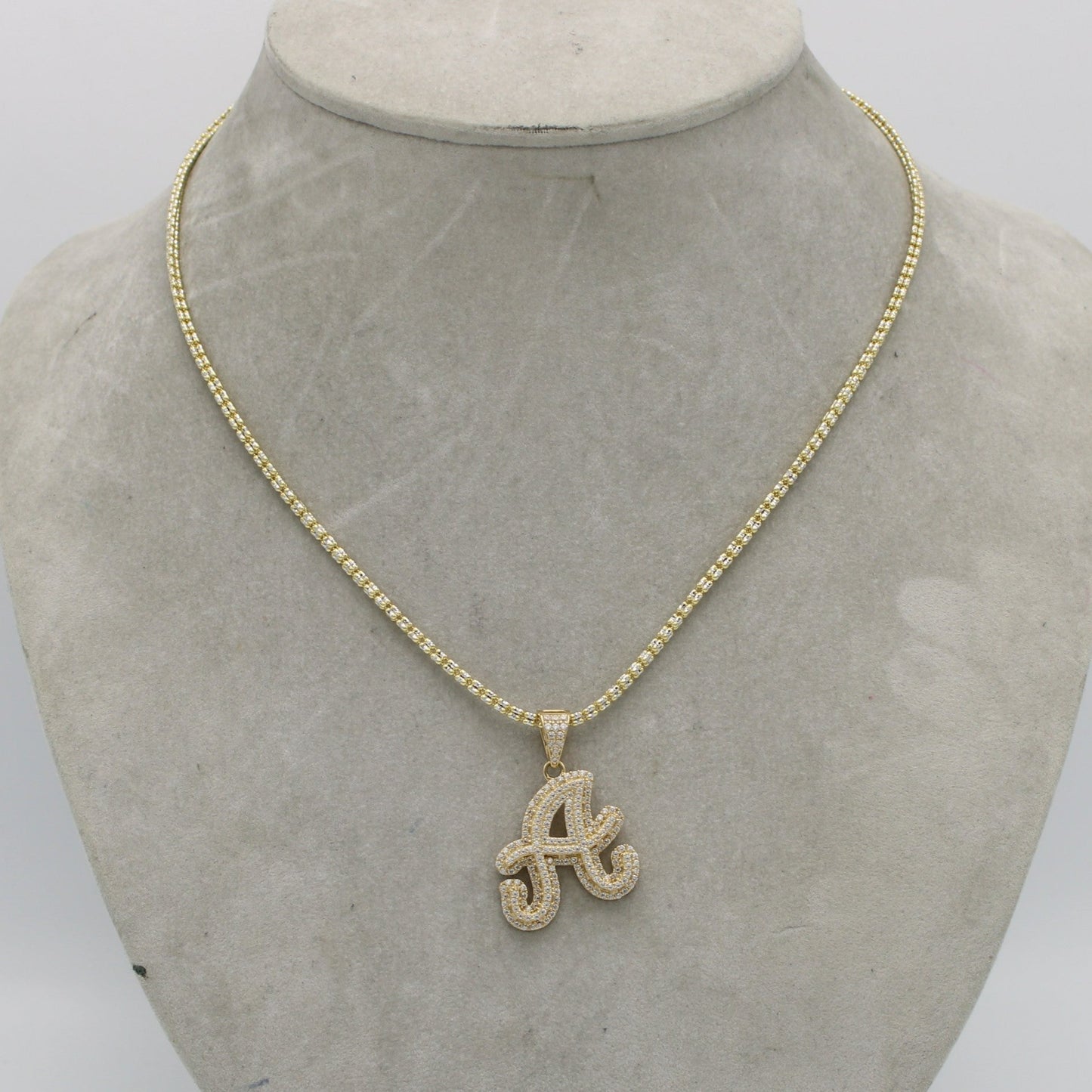 14K Initial Name (A) Cz Stones With Ice Chain Yellow Gold