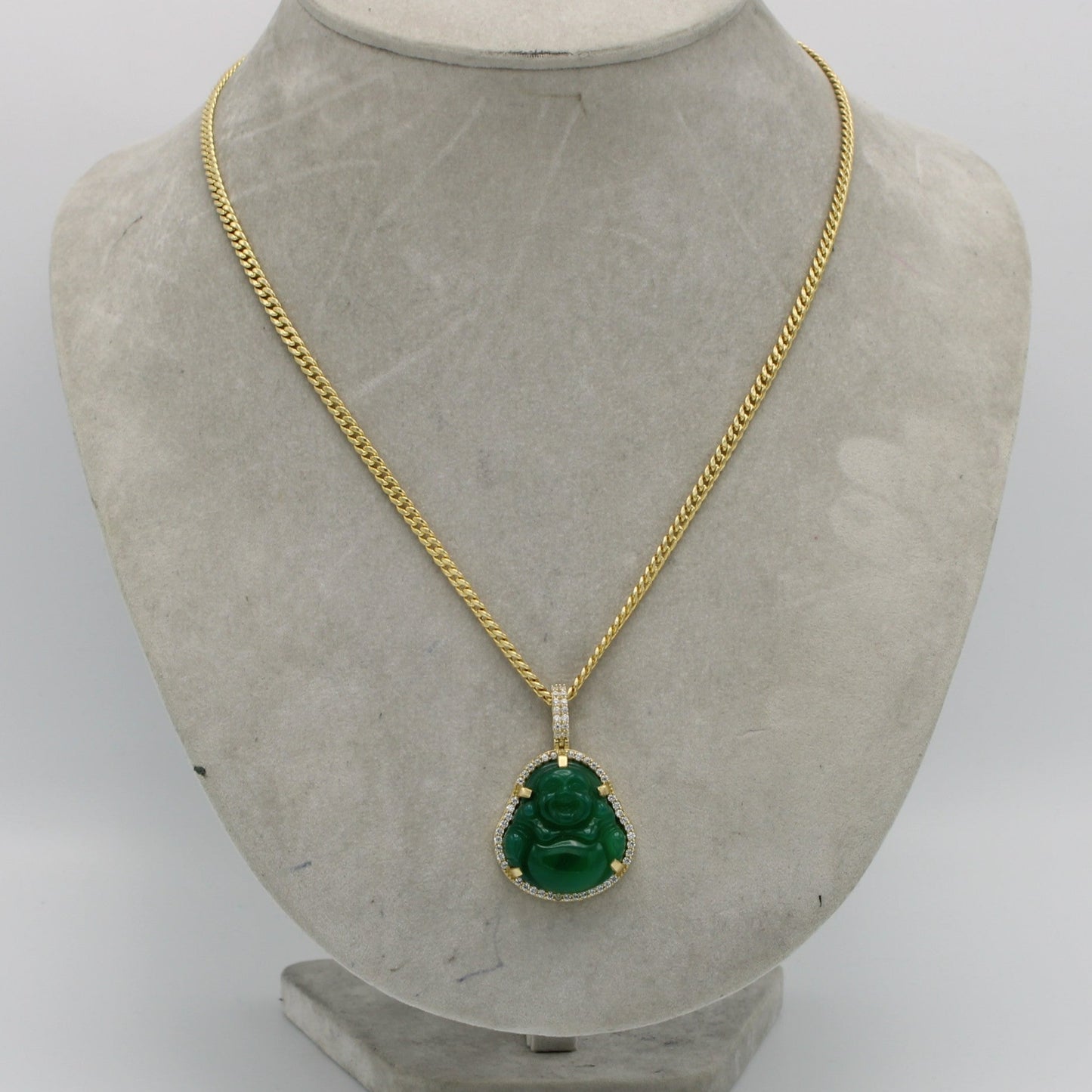14K Buda (Green Jade) Pendant Cz Stones With Miami CubanChain Yellow Gold