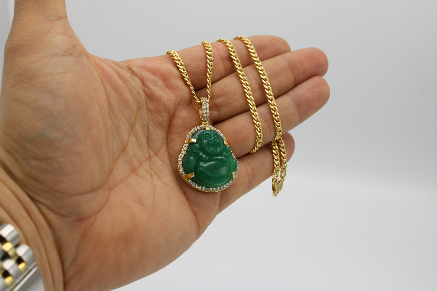 14K Buda (Green Jade) Pendant Cz Stones With Miami CubanChain Yellow Gold