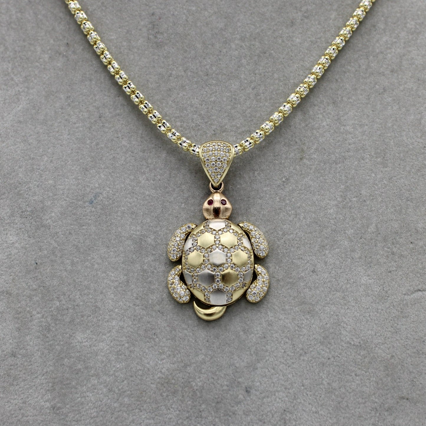 14K Sea Turtle  Pendant Cz Stones With Ice Chain Yellow Gold