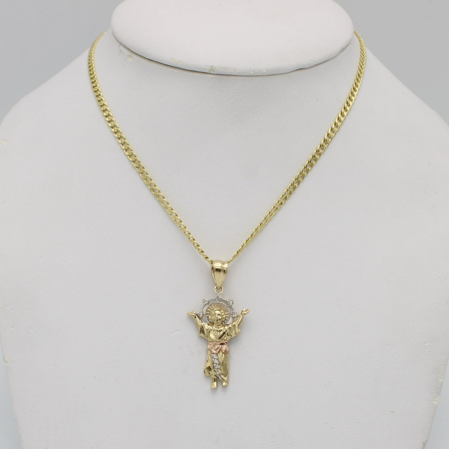 14k Divino Niño Pendant  Three Tones With Semi-Solid Flat Cuban Chain Yellow Gold