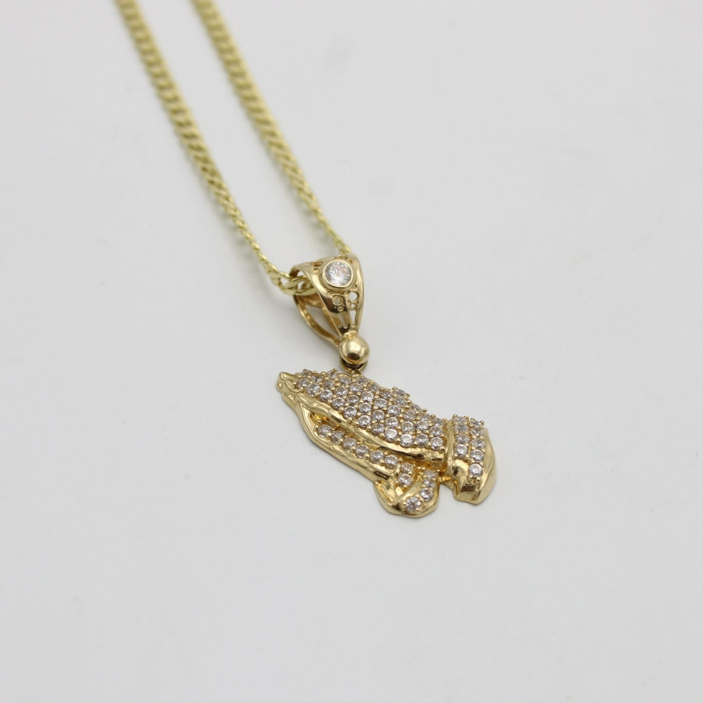 14K Pray Hands Pendant Cz Stones With Semi-Solid Flat Cuban Chain Yellow Gold