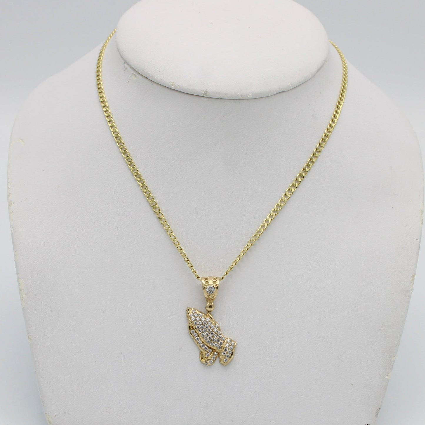 14K Pray Hands Pendant Cz Stones With Semi-Solid Flat Cuban Chain Yellow Gold