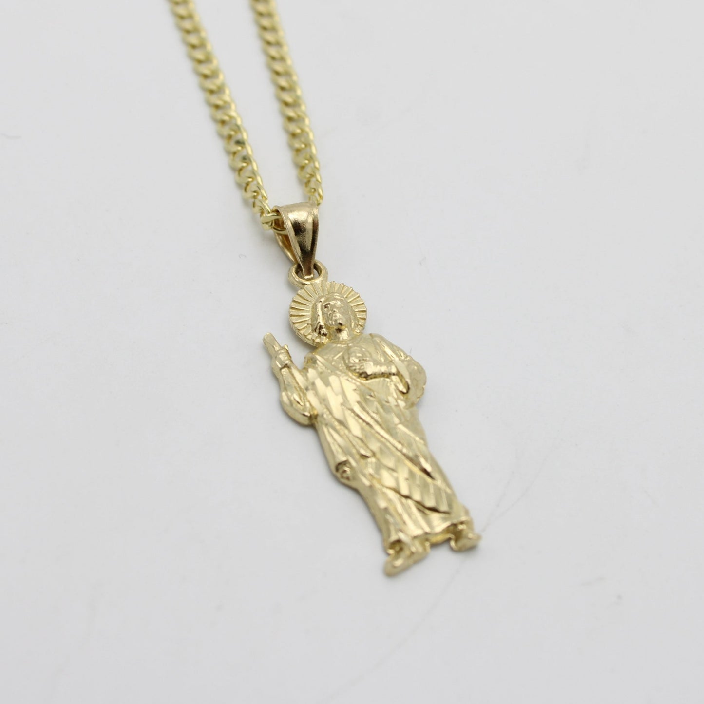 14K San Judas Pendant With Semi-Solid Flat Cuban Chain Yellow Gold