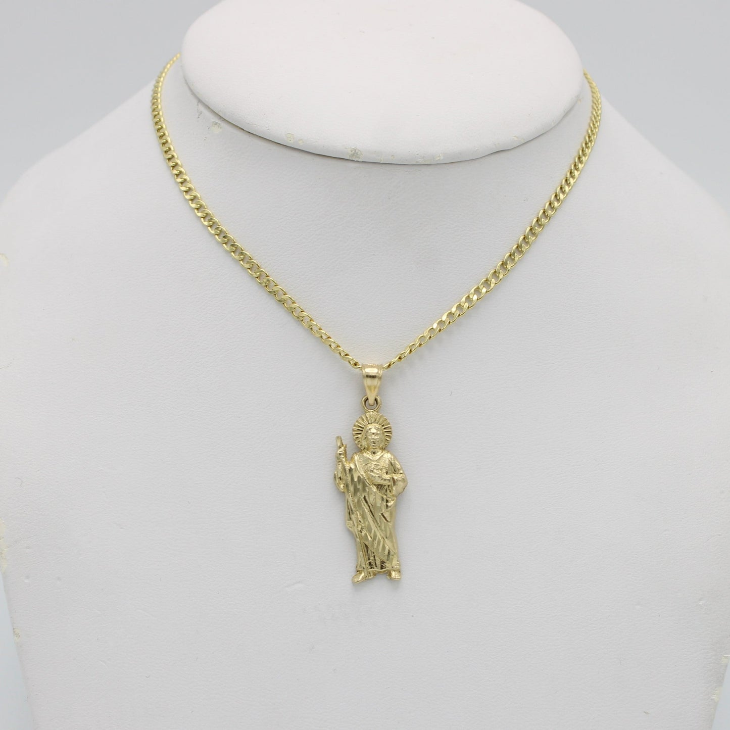 14K San Judas Pendant With Semi-Solid Flat Cuban Chain Yellow Gold