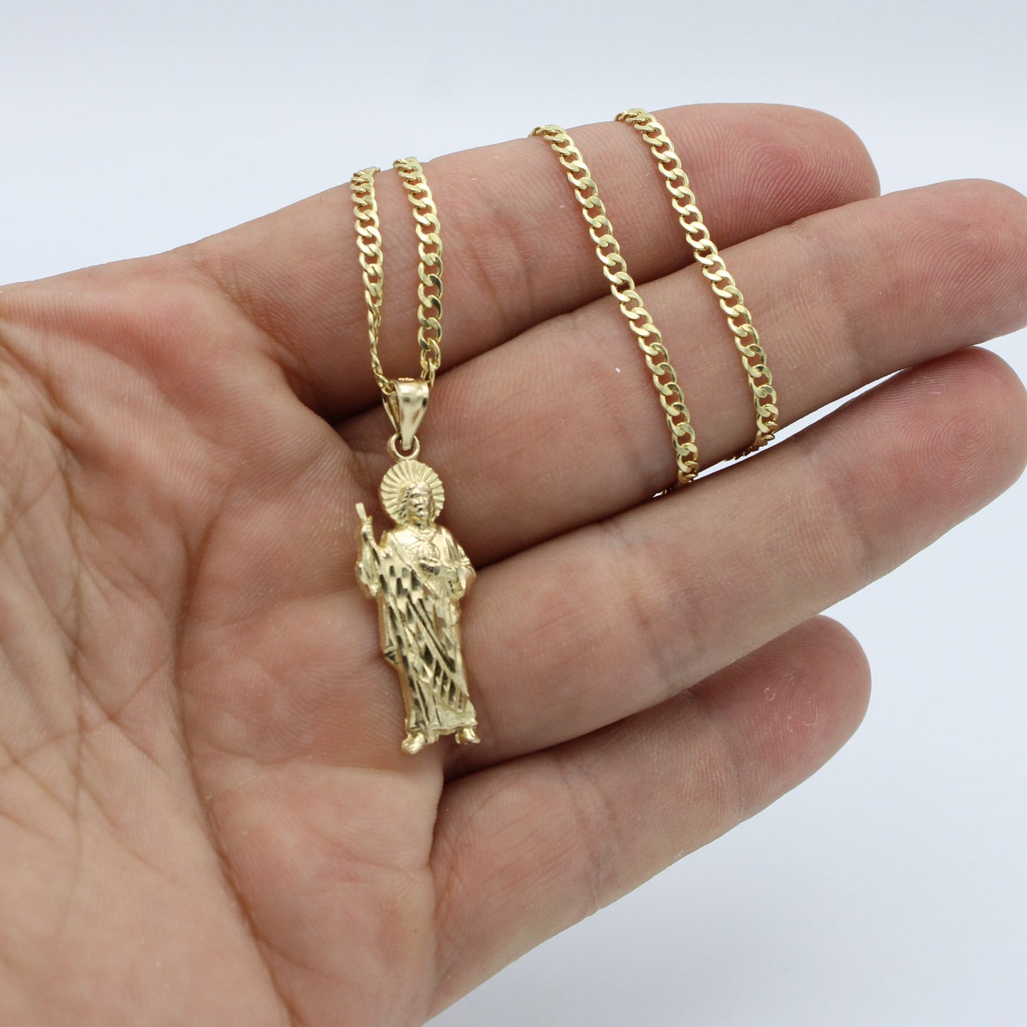 14K San Judas Pendant With Semi-Solid Flat Cuban Chain Yellow Gold