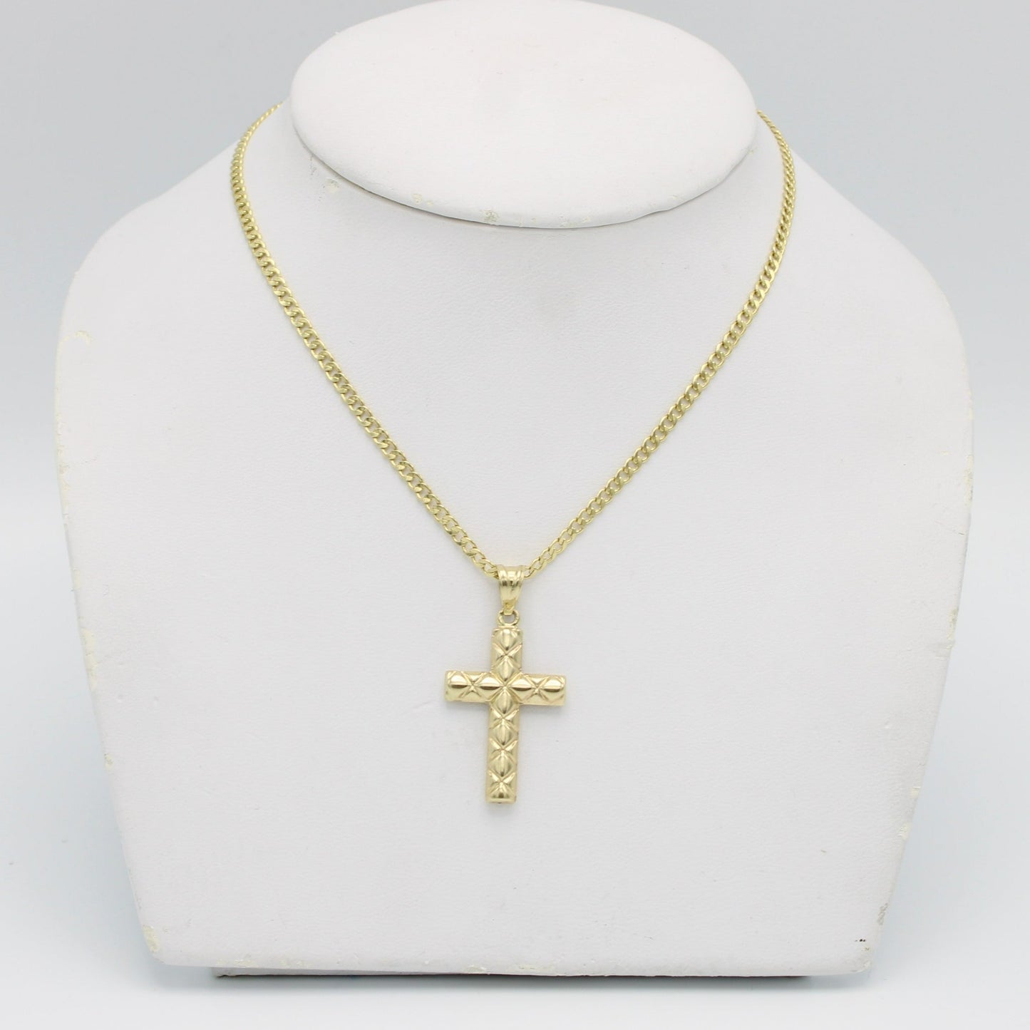 14K Cross Pendant With Semi-Solid Flat Cuban Chain Yellow Gold
