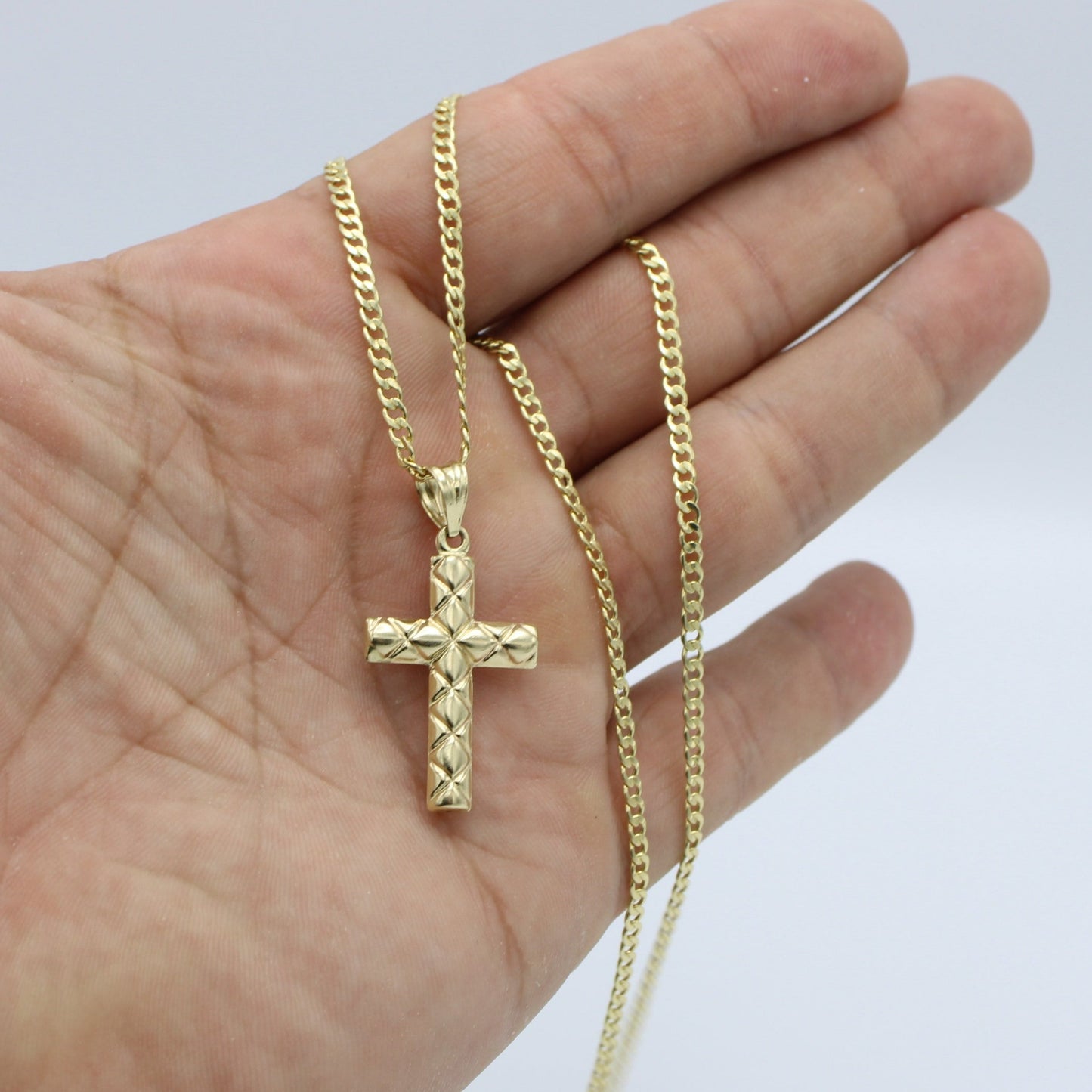 14K Cross Pendant With Semi-Solid Flat Cuban Chain Yellow Gold