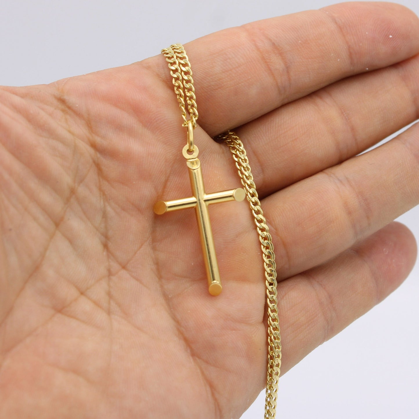 14K Cross Pendant With Semi-Solid Flat Cuban Chain Yellow Gold
