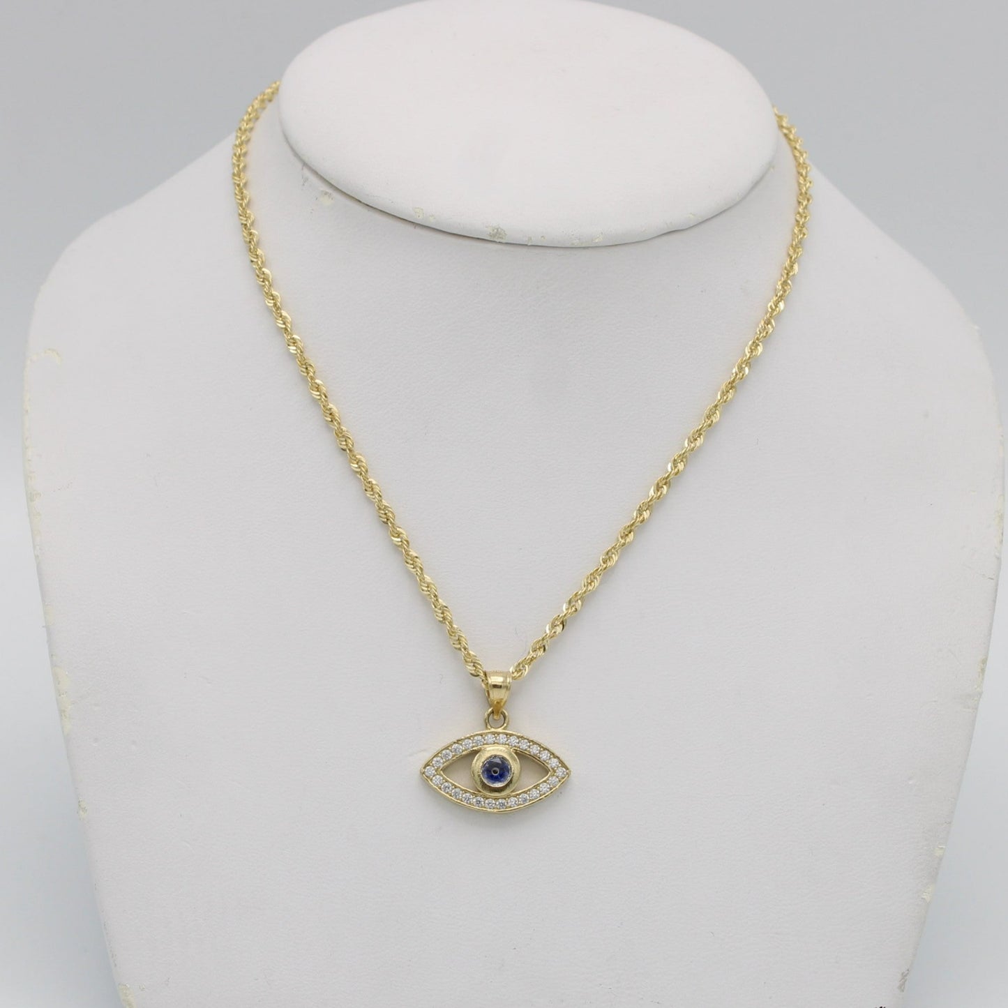 14K Turkey Eye Pendant Cz Stones With Rope Chain Yellow Gold