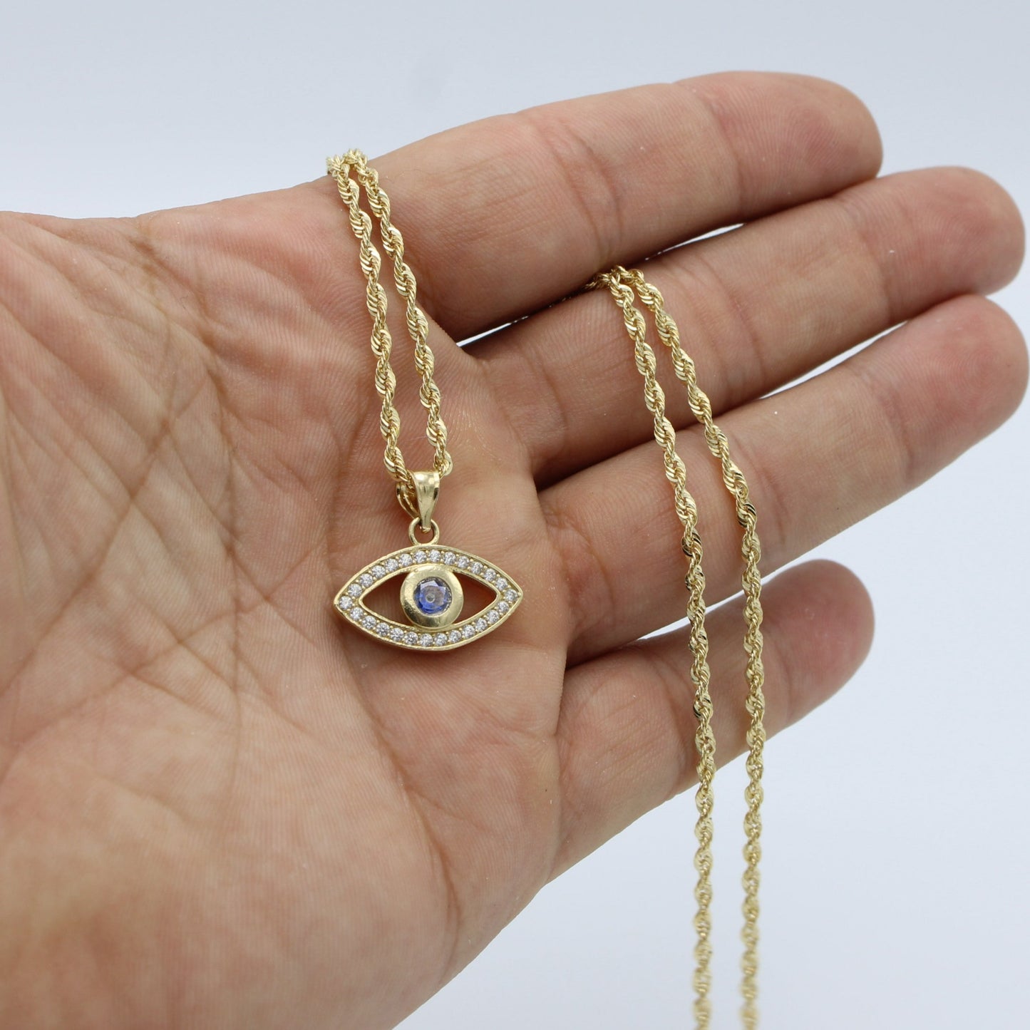 14K Turkey Eye Pendant Cz Stones With Rope Chain Yellow Gold