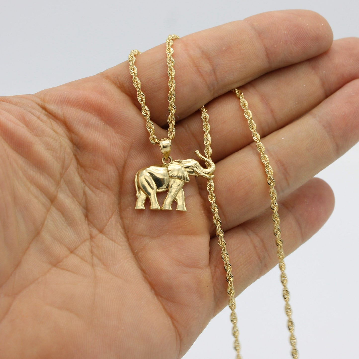 14K Elephan Pendant Cz Stones With Rope Chain Yellow Gold
