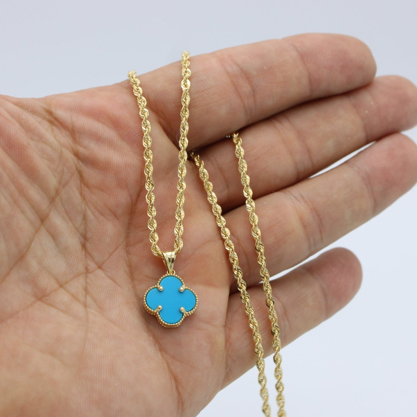 14K Fancy VC Pendant (Sky Blue) With Rope Chain Yellow Gold
