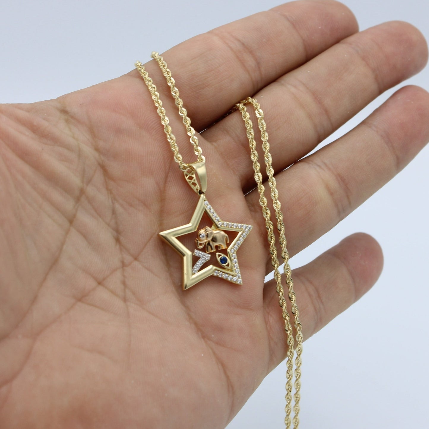 14K Lucky Star Pendant Cz Stones With Rope Chain Yellow Gold