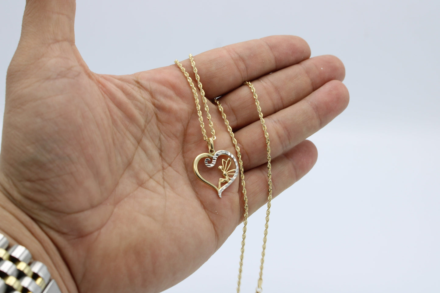 14K Heart Pendant Cz Stones With Rope Chain Yellow Gold