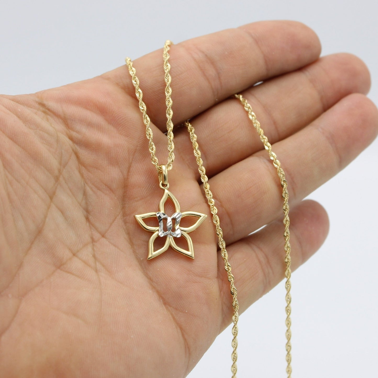 14K Star Pendant Two Tones With Rope Chain Yellow Gold