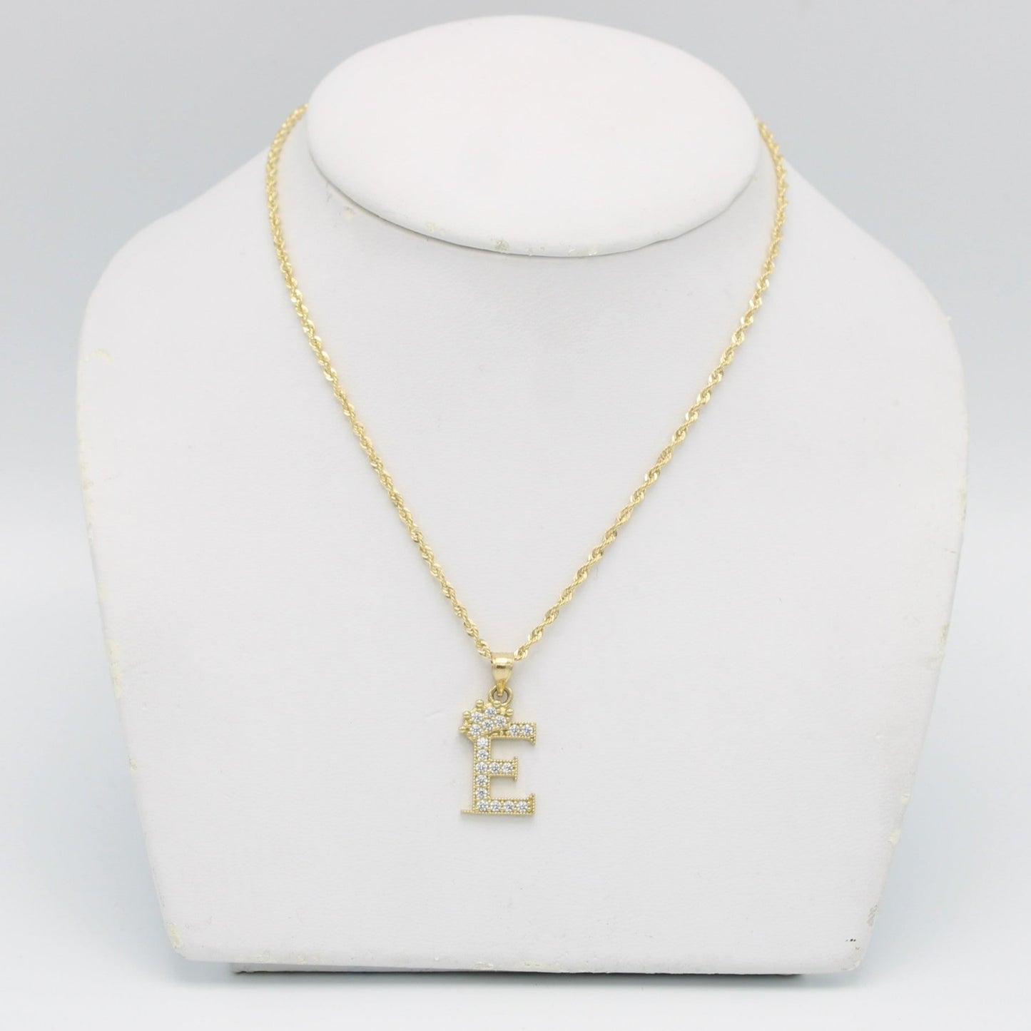 14K Initai E Pendant Cz Stones With Rope Chain Yellow Gold