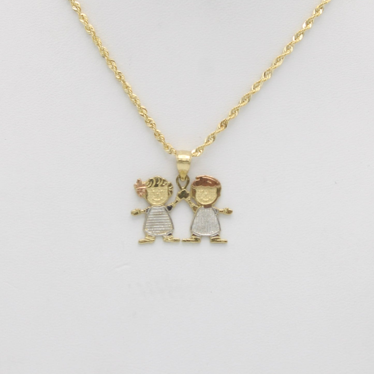 14K Boy and Girl Pendant Cz Stones With Rope Chain Yellow Gold