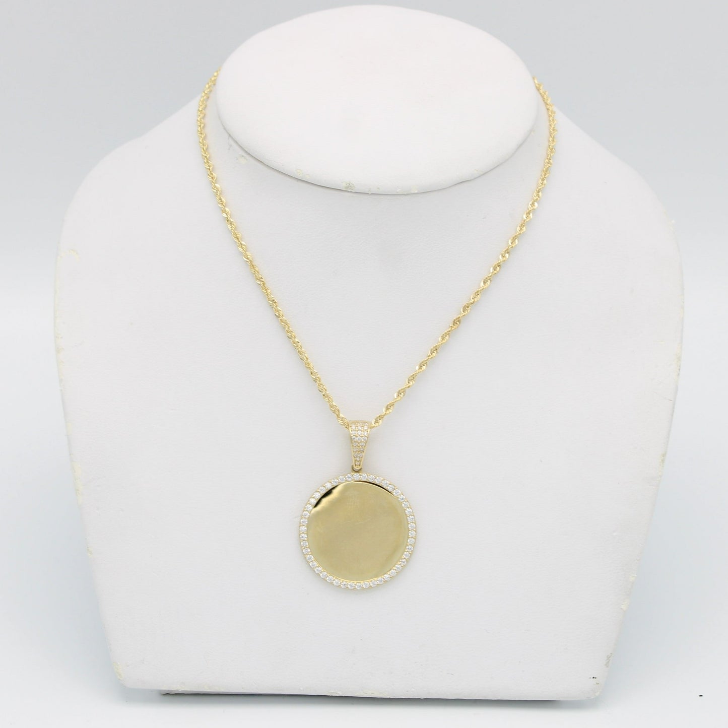 14K Round Piture Pendant Cz Stones With Rope Chain Yellow Gold