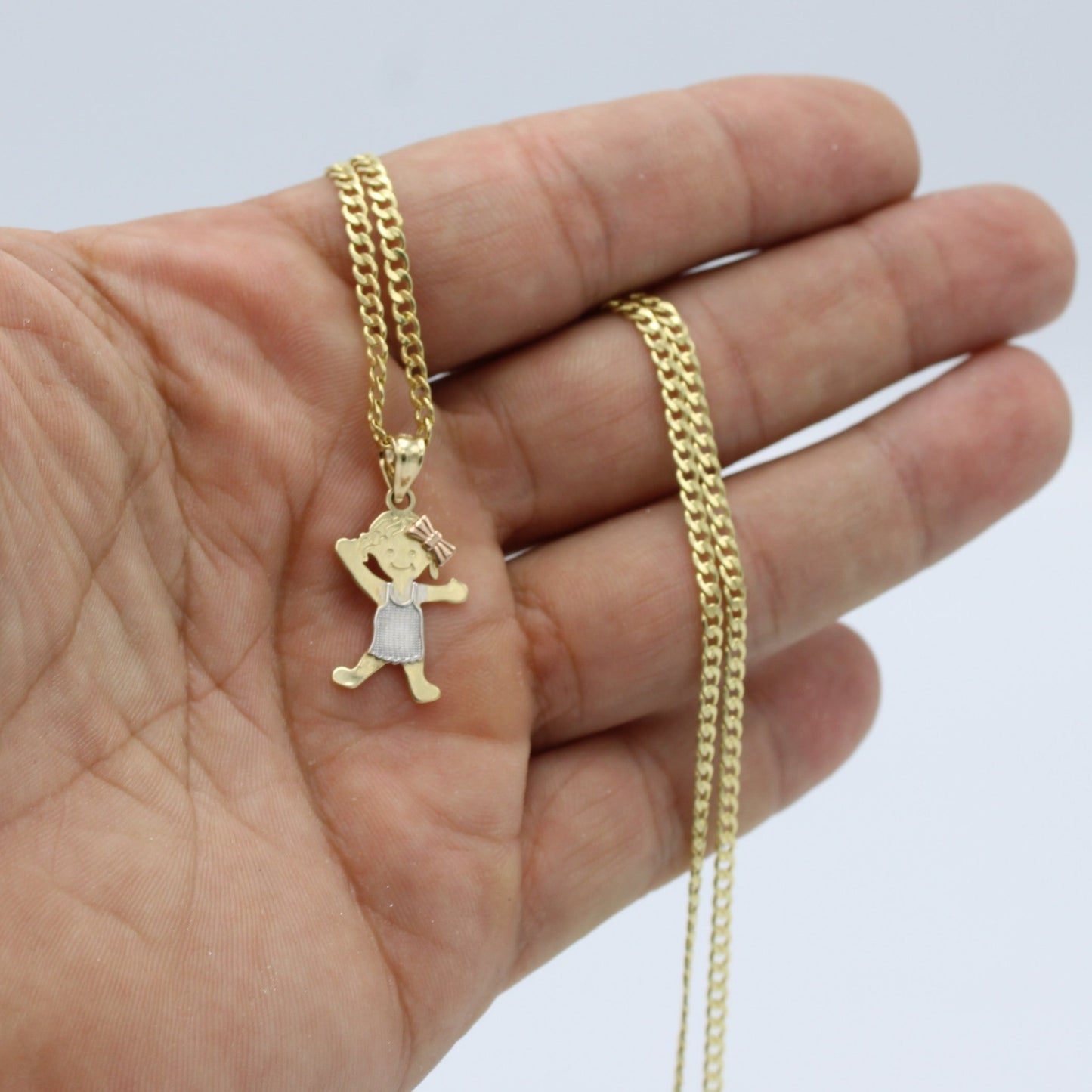 14K Girl Pendant Three Stones With Flat Cuban Chain Yellow Gold